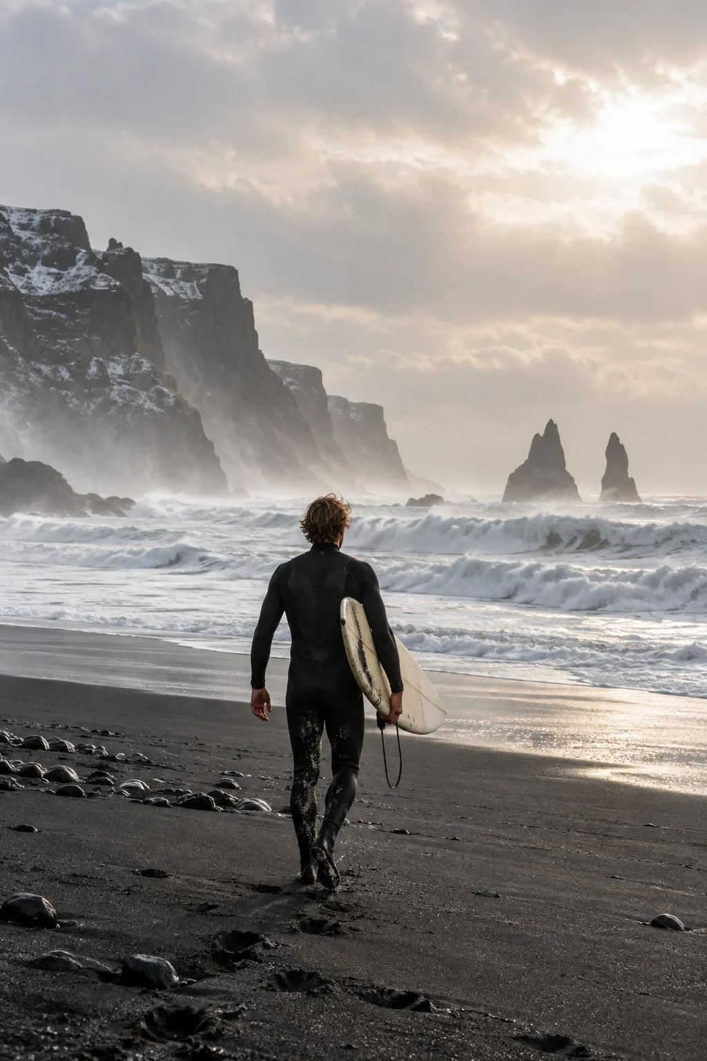 Surfer walking toward Atlantic waves in a coastal campaign concept