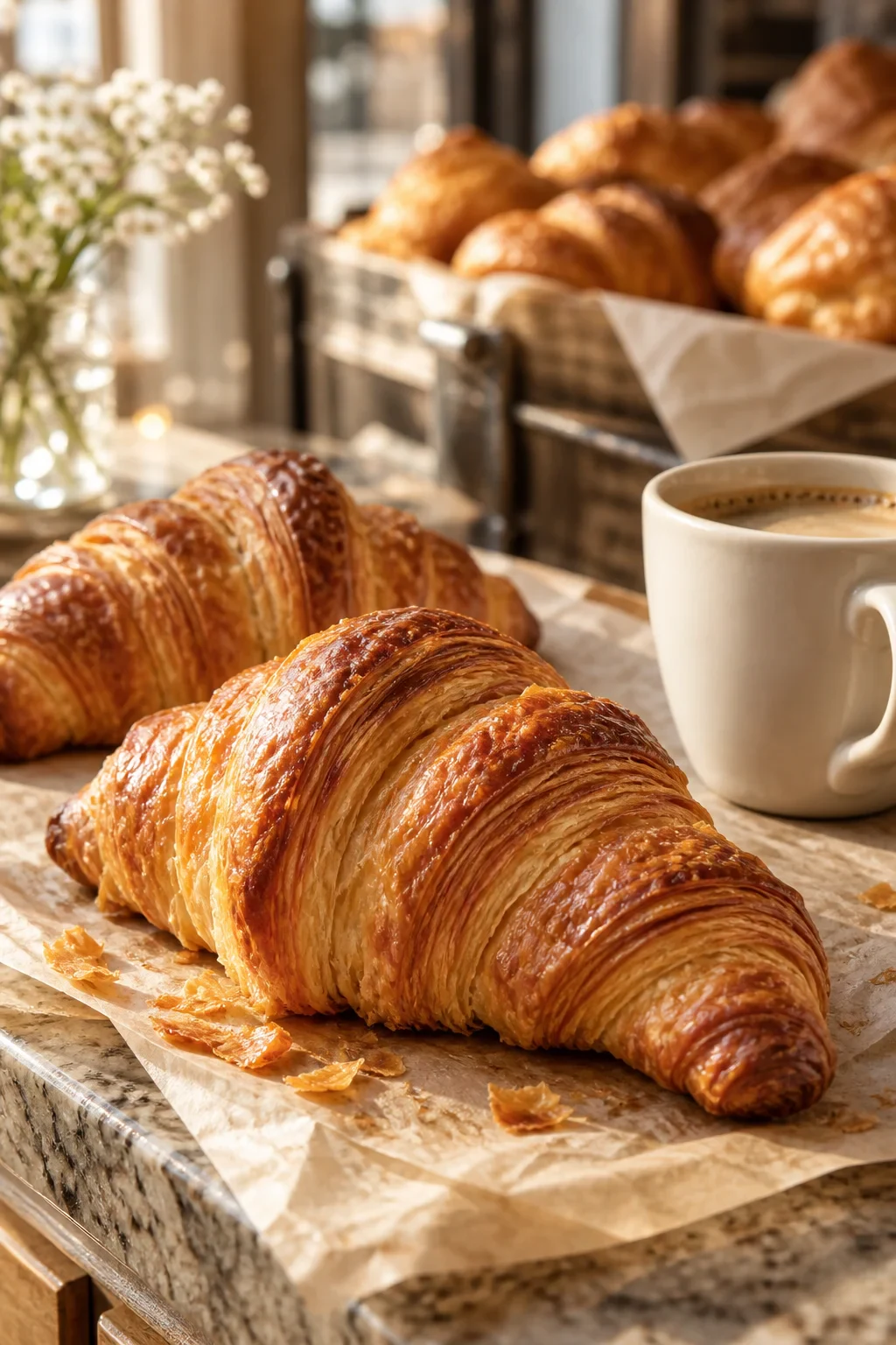 Golden croissants and coffee in an illustrative bakery post